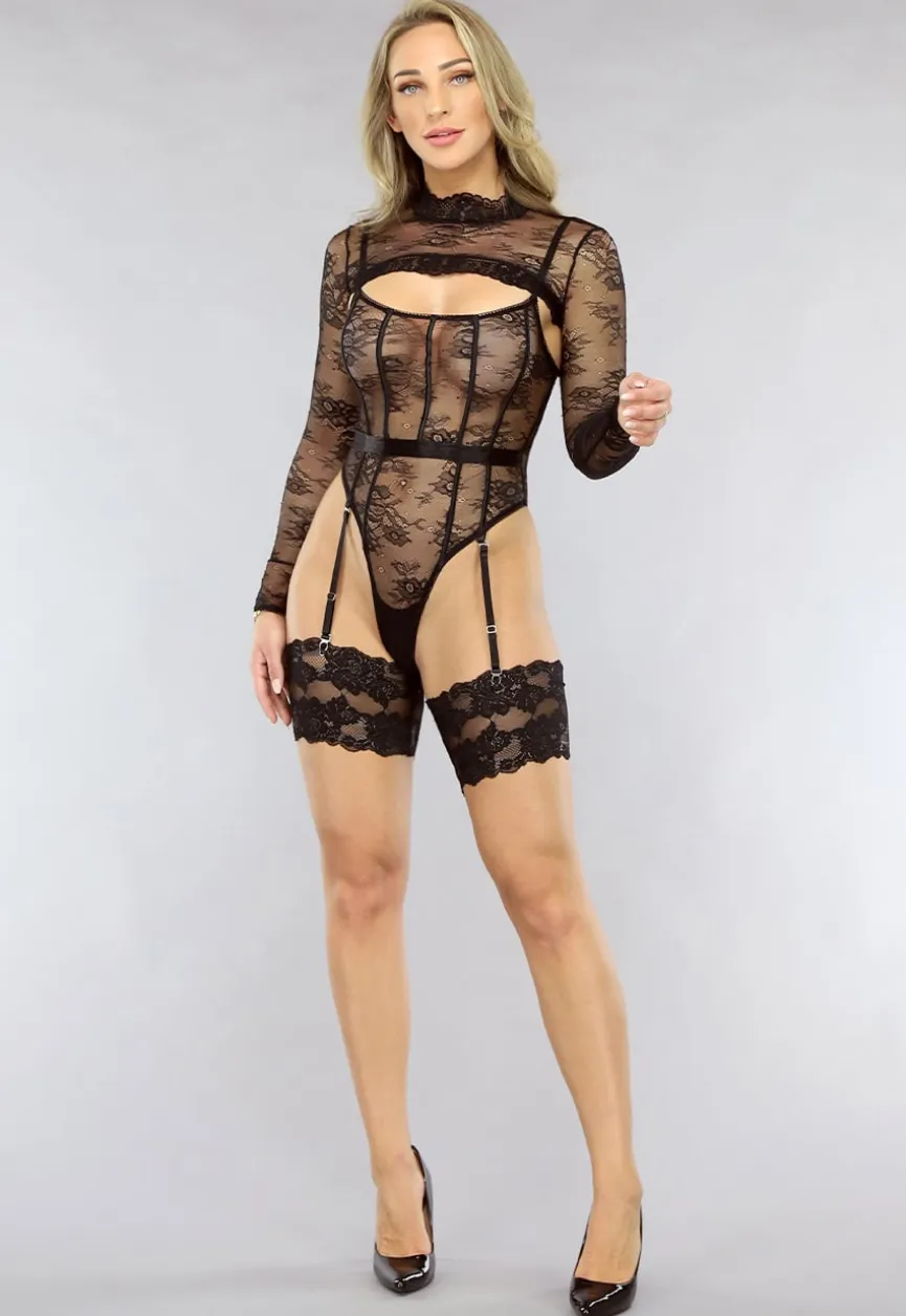 Zwarte Kanten Bodysuit met Bolero en Jarretels