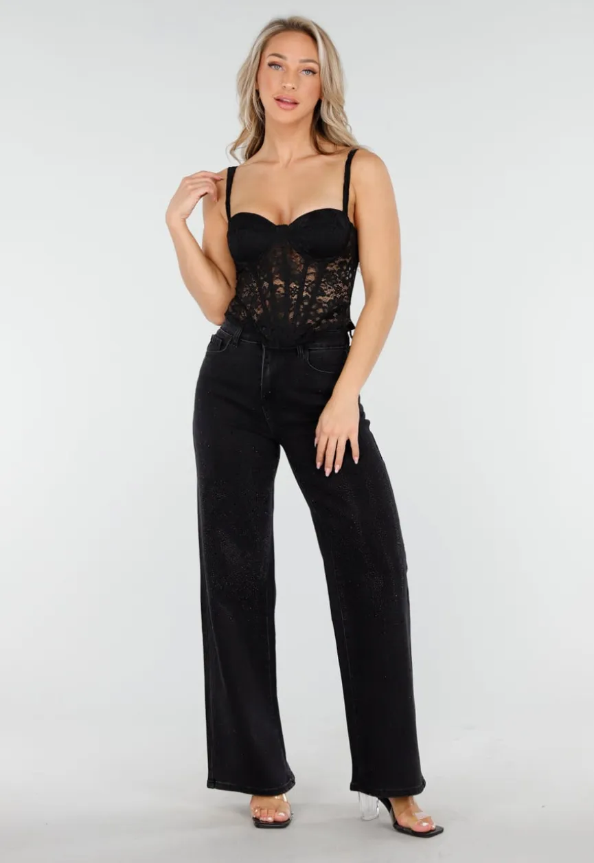 Zwarte Kanten Corset Top met Beugel en Padded Cups