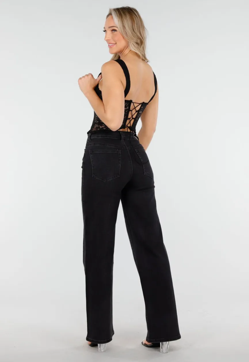 Zwarte Kanten Corset Top met Beugel en Padded Cups