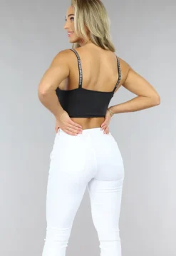 Zwarte Kanten Crop Top met Glitter Steentjes