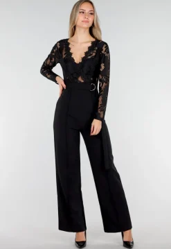 Zwarte Kanten Jumpsuit met V-Hals en Stretch