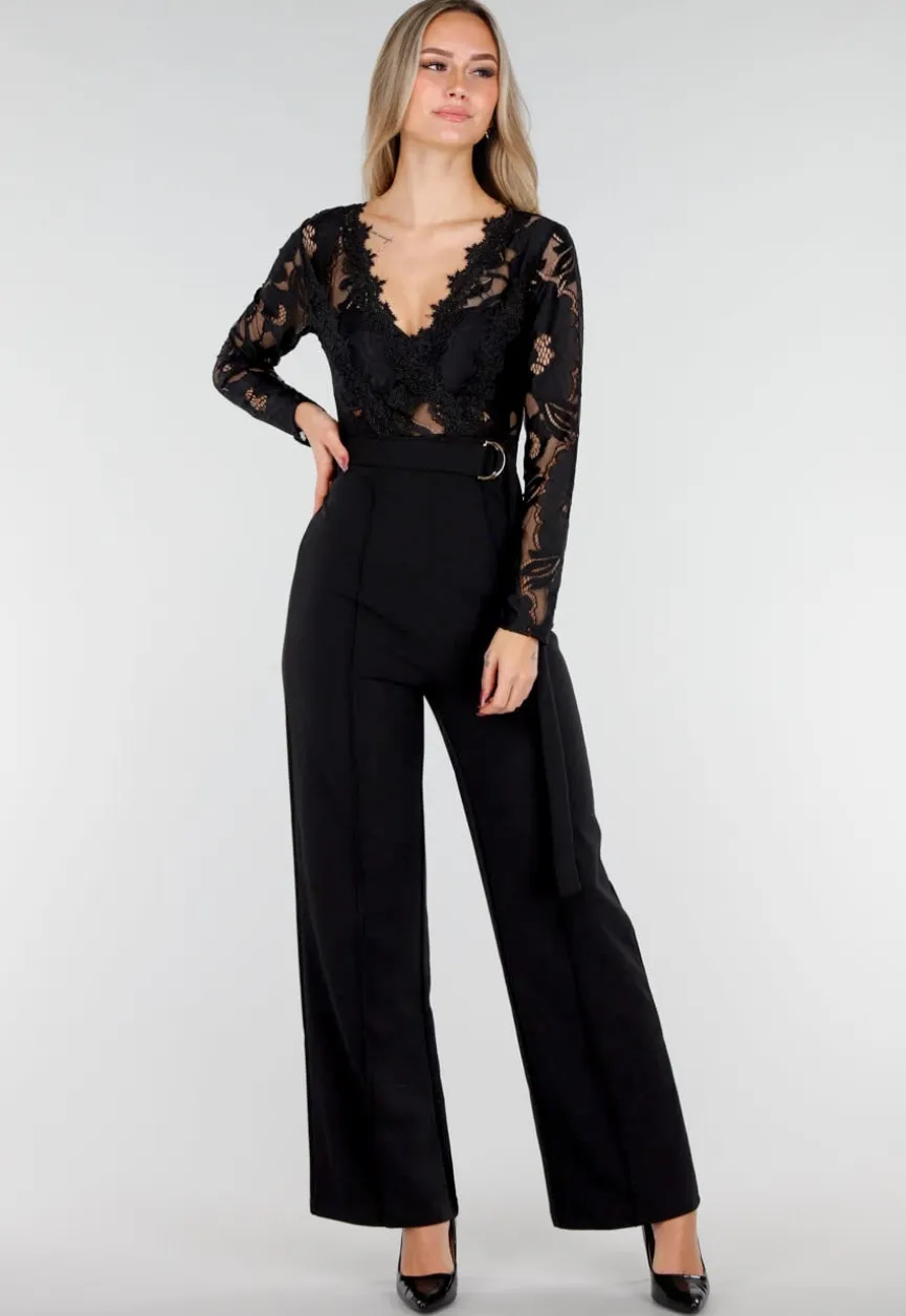 Zwarte Kanten Jumpsuit met V-Hals en Stretch