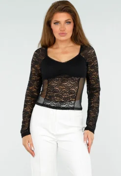 Zwarte Kanten Korsetlook Stretch Top met Lange Mouwen, Sweetheart Halslijn en Volledig Mesh Achterzijde