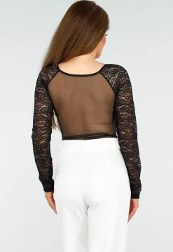 Zwarte Kanten Korsetlook Stretch Top met Lange Mouwen, Sweetheart Halslijn en Volledig Mesh Achterzijde
