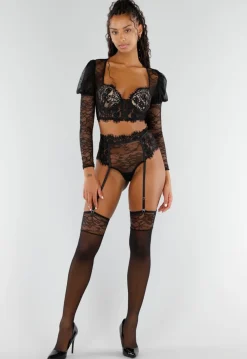 Zwarte Kanten Lingerieset met Lange Mouwen Hoge Taille Jarretelgordel