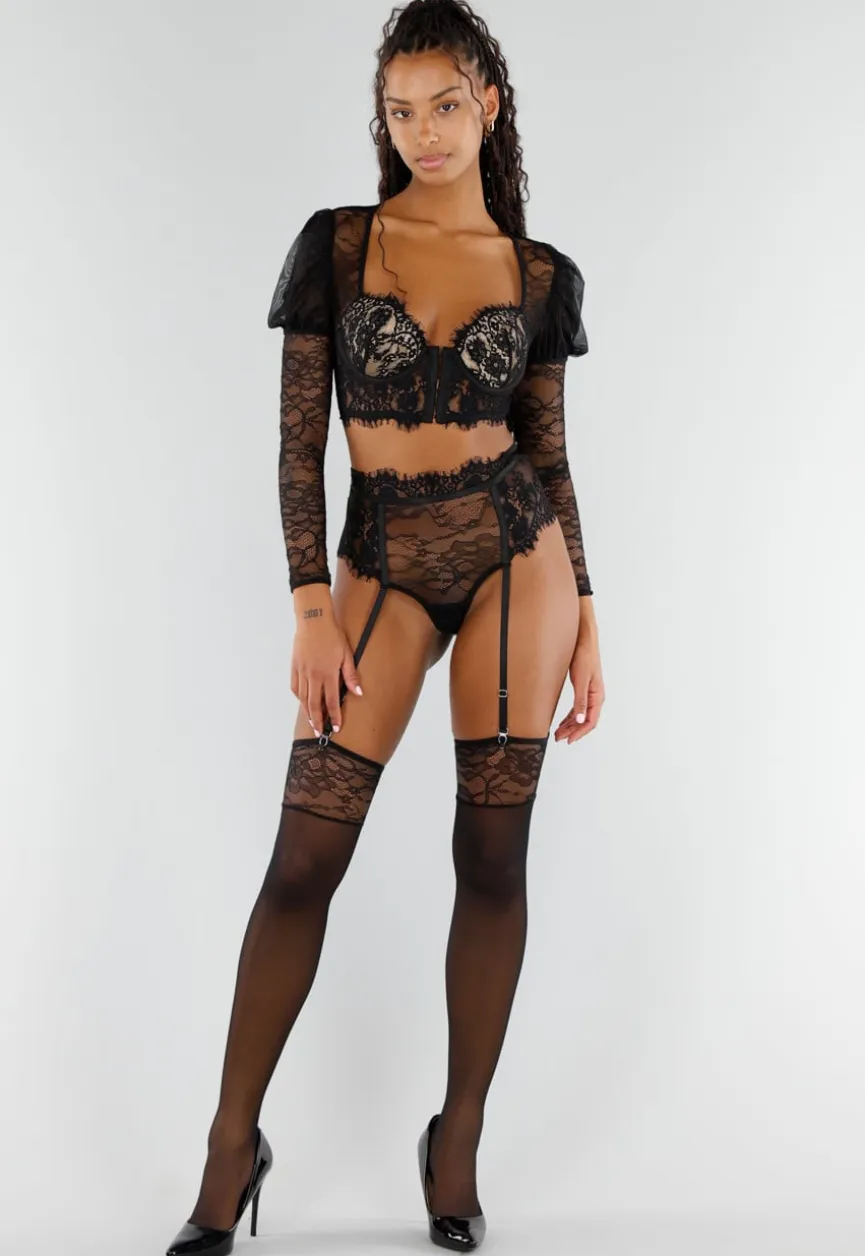 Zwarte Kanten Lingerieset met Lange Mouwen Hoge Taille Jarretelgordel