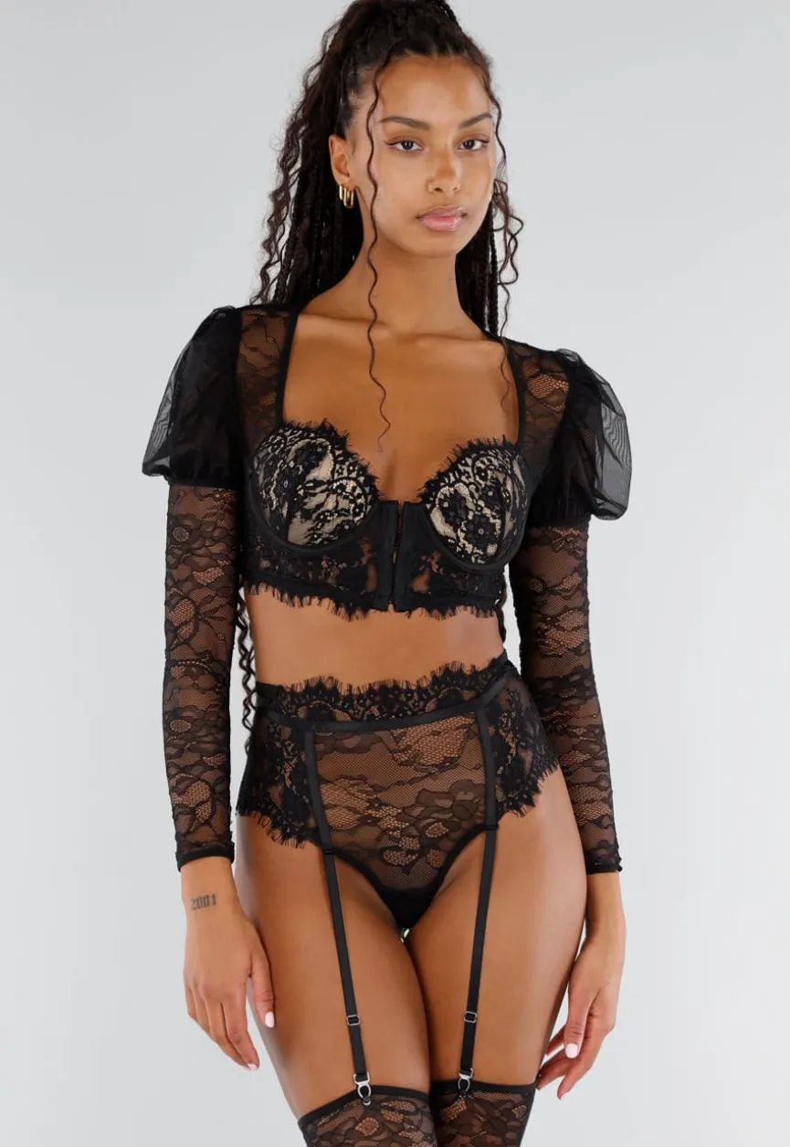 Zwarte Kanten Lingerieset met Lange Mouwen Hoge Taille Jarretelgordel