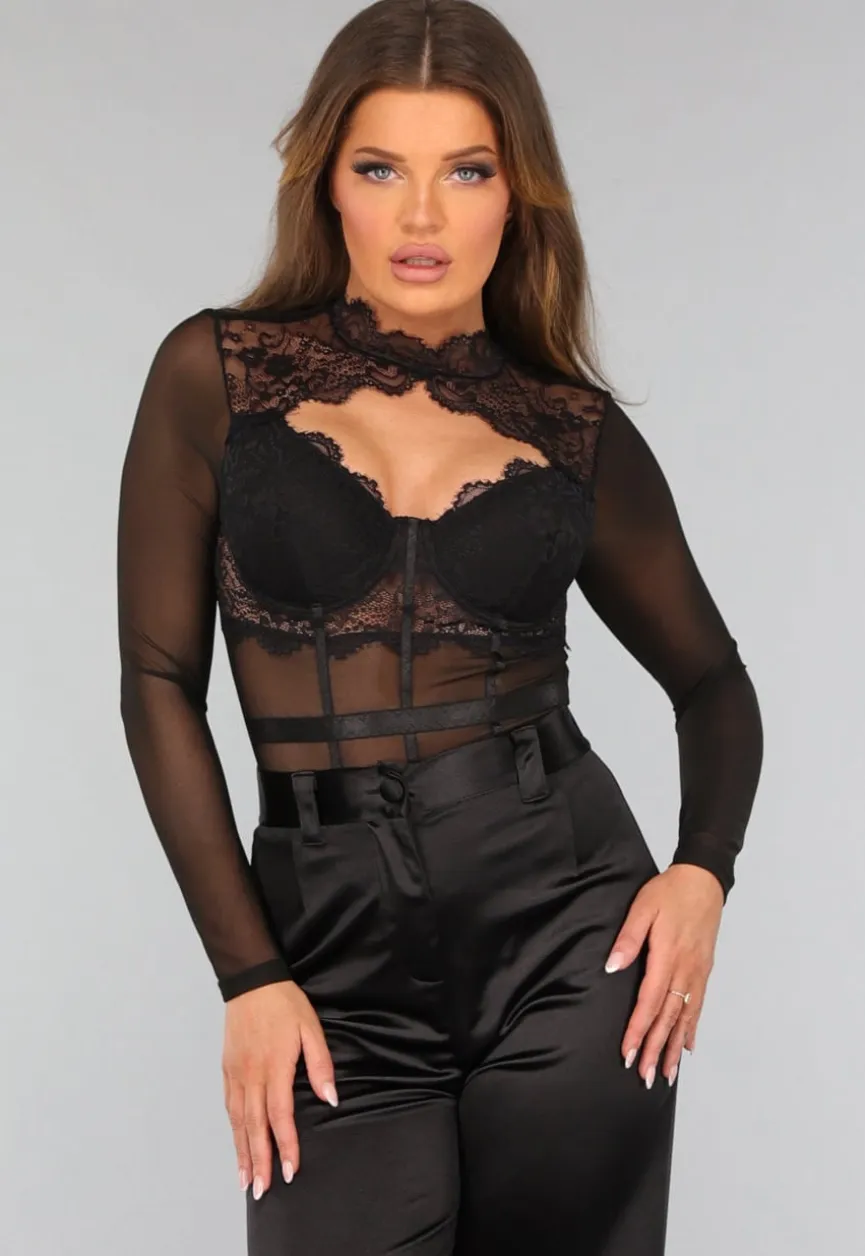 Zwarte Kanten Longsleeve Bodysuit met Cut Out