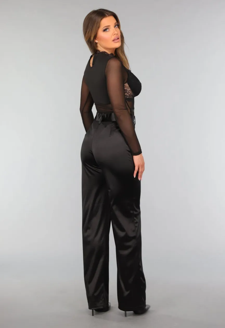 Zwarte Kanten Longsleeve Bodysuit met Cut Out