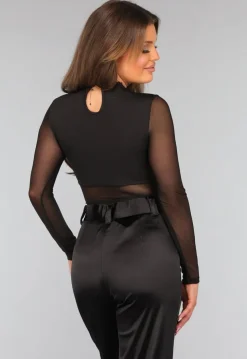 Zwarte Kanten Longsleeve Bodysuit met Cut Out