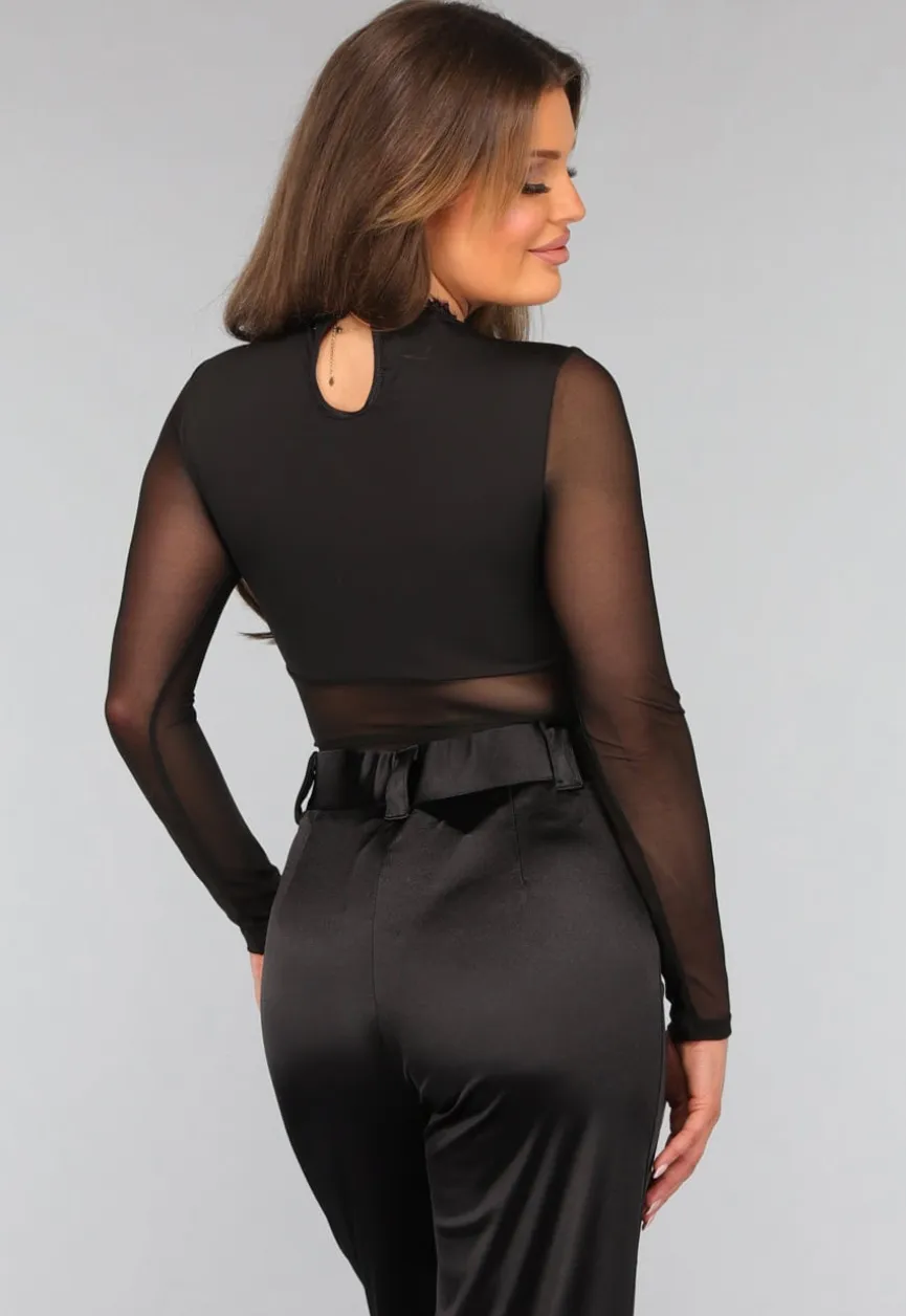 Zwarte Kanten Longsleeve Bodysuit met Cut Out