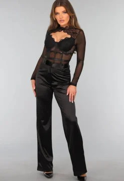 Zwarte Kanten Longsleeve Bodysuit met Cut Out