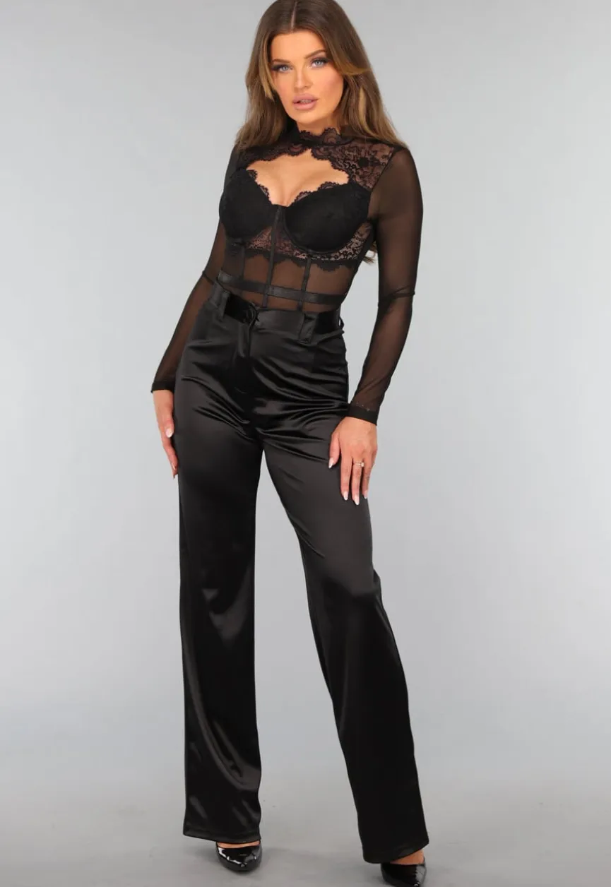 Zwarte Kanten Longsleeve Bodysuit met Cut Out