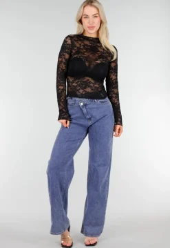 Zwarte Kanten Mesh Top met Lange Mouwen en Col