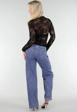 Zwarte Kanten Mesh Top met Lange Mouwen en Col
