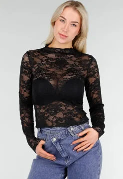 Zwarte Kanten Mesh Top met Lange Mouwen en Col
