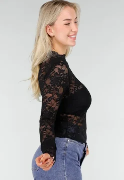 Zwarte Kanten Mesh Top met Lange Mouwen en Col