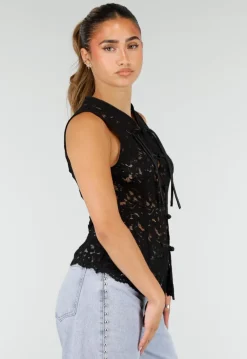 Zwarte Kanten Mouwloze Top met Opstaande Hals