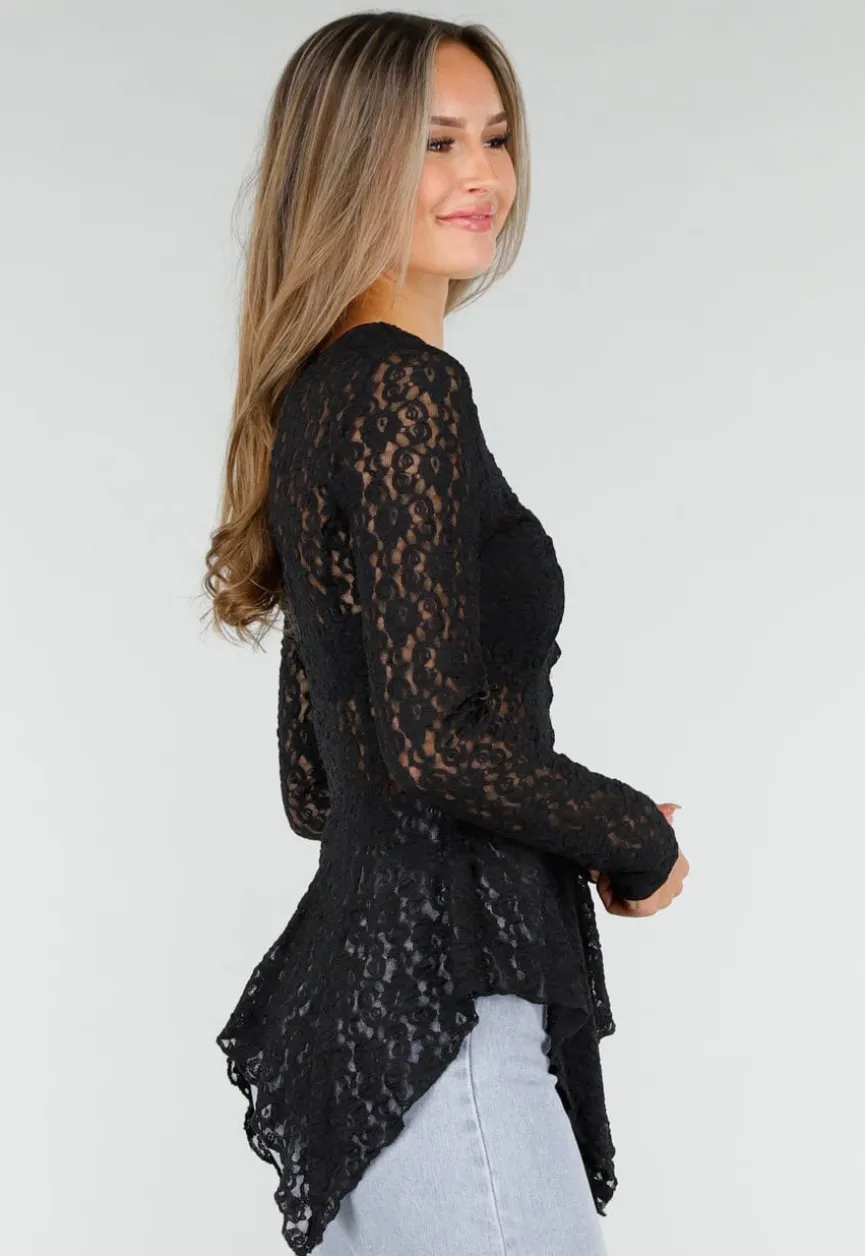 Zwarte Kanten Peplum Top met Knopen