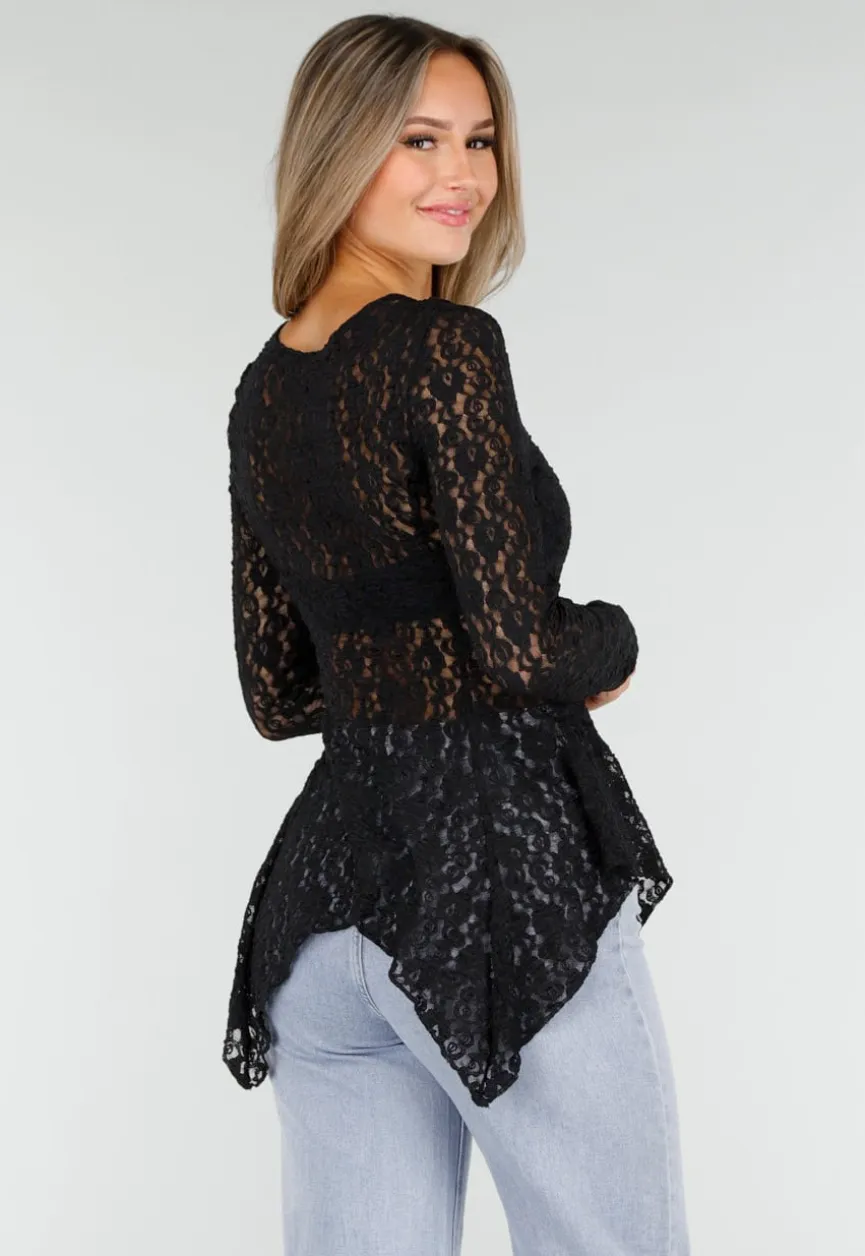 Zwarte Kanten Peplum Top met Knopen