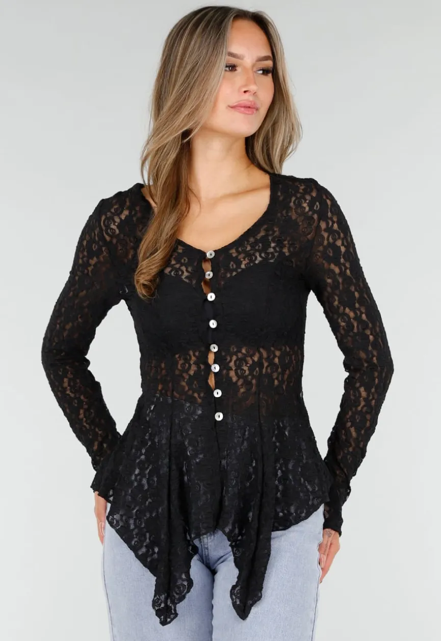 Zwarte Kanten Peplum Top met Knopen