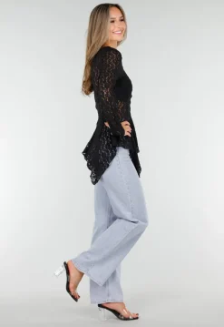 Zwarte Kanten Peplum Top met Knopen