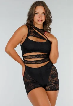 Zwarte Kanten Playsuit met Cut-Outs, Stretch en Gevoerde Delen