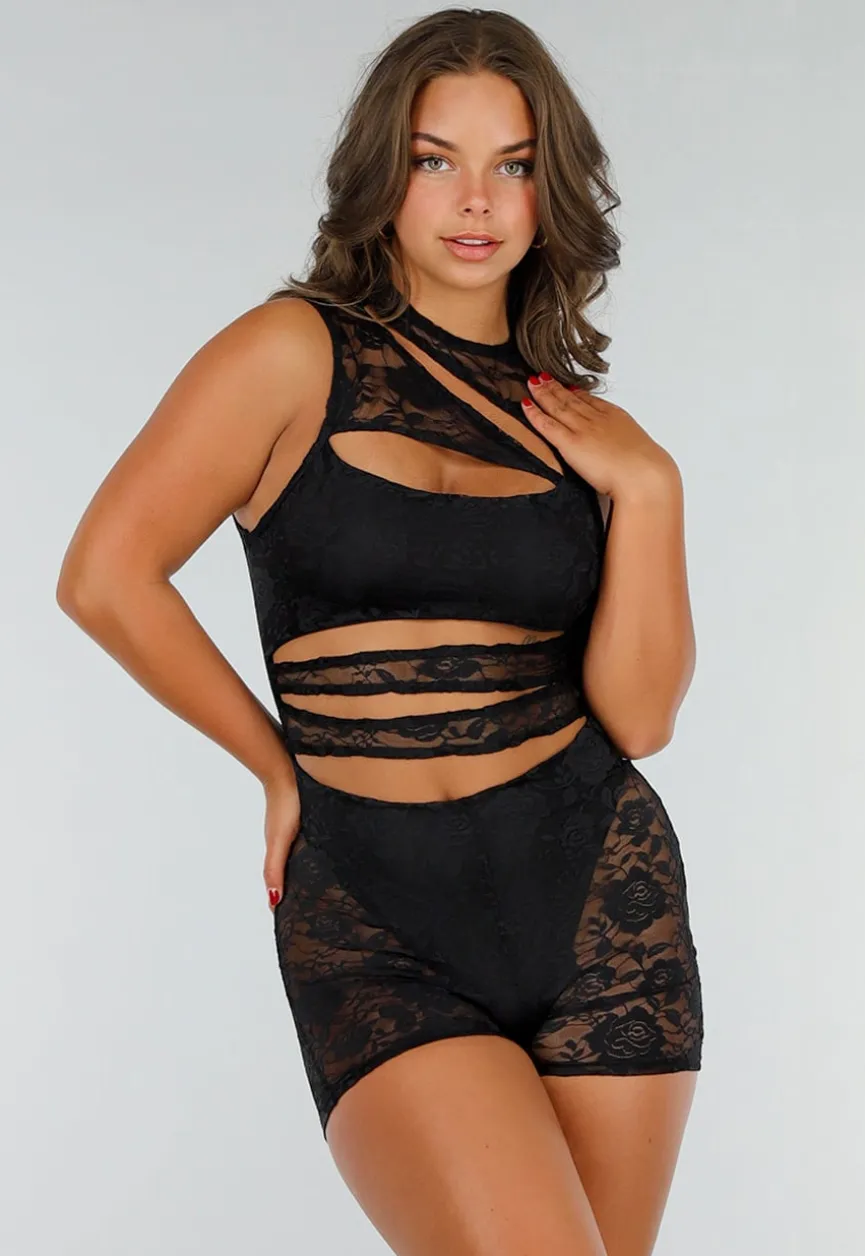 Zwarte Kanten Playsuit met Cut-Outs, Stretch en Gevoerde Delen