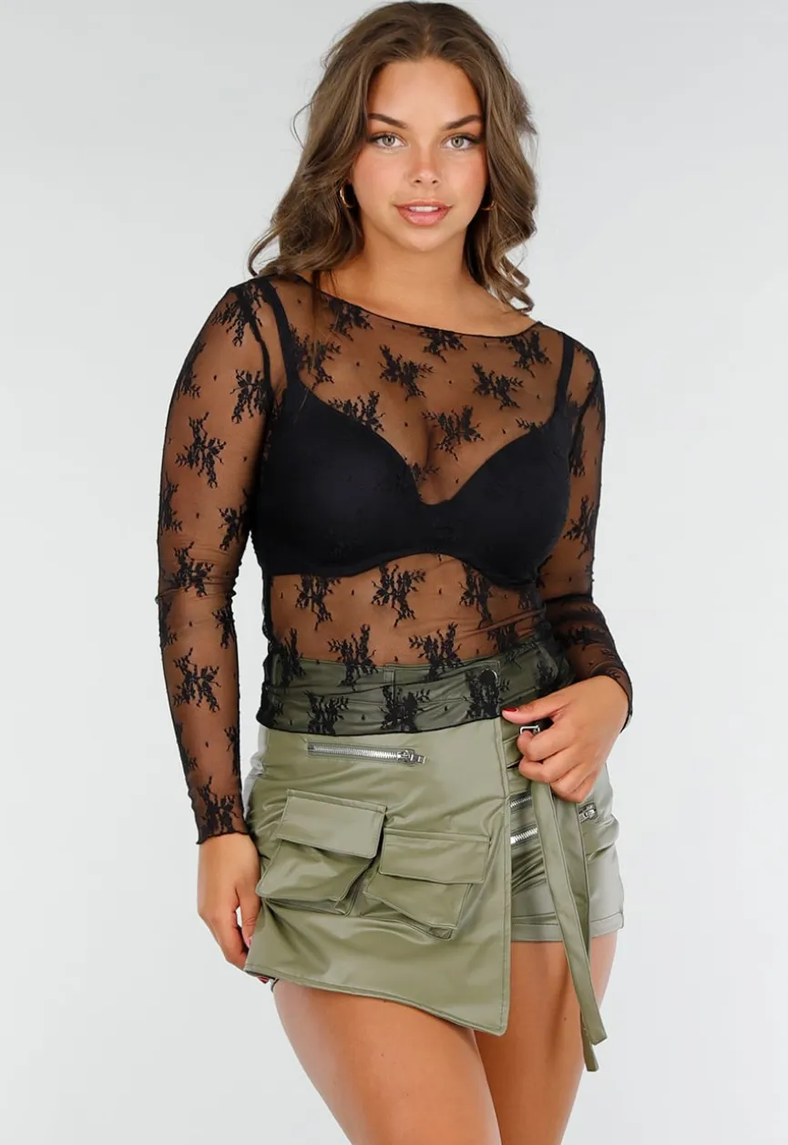 Zwarte Kanten See Trough Mesh Top met Stretch en Bloemenprint