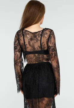Zwarte Kanten Set met Top en Maxi Rok met Onderrok