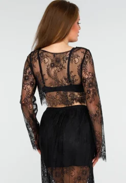 Zwarte Kanten Set met Top en Maxi Rok met Onderrok