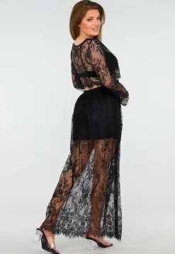 Zwarte Kanten Set met Top en Maxi Rok met Onderrok