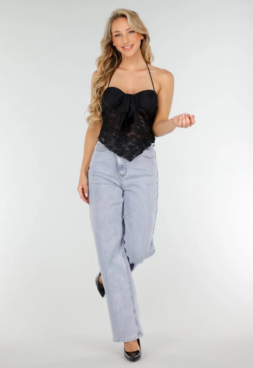 Zwarte Kanten Stretch Halter Top Met Striksluiting en Transparante Stof