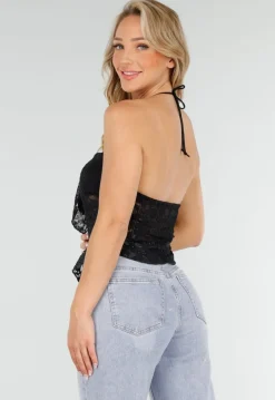 Zwarte Kanten Stretch Halter Top Met Striksluiting en Transparante Stof