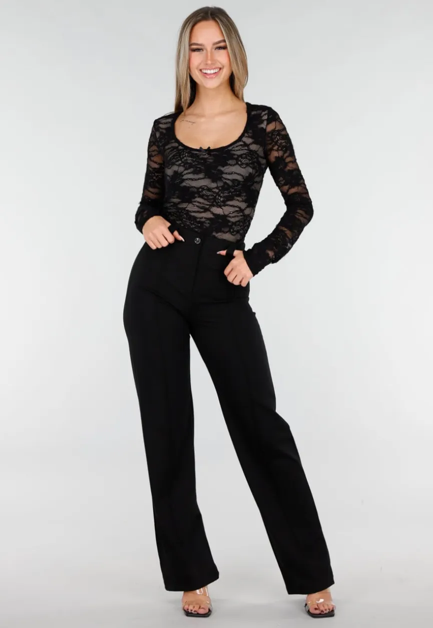 Zwarte Kanten Stretch Top met Lange Mouwen