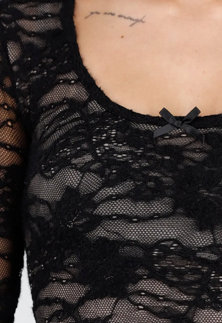 Zwarte Kanten Stretch Top met Lange Mouwen