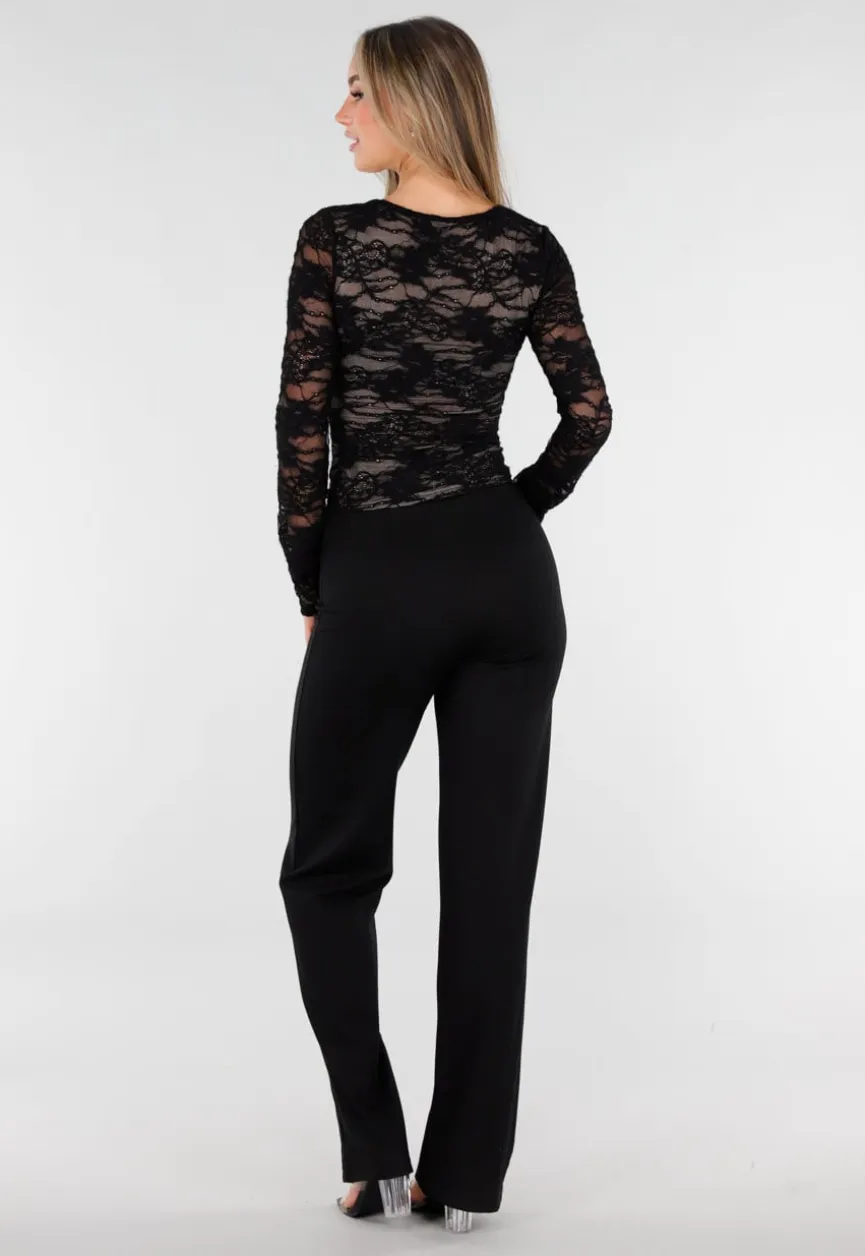 Zwarte Kanten Stretch Top met Lange Mouwen