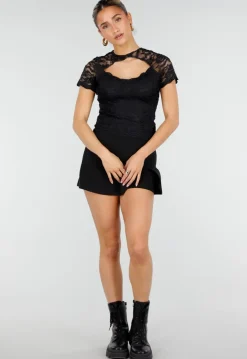 Zwarte Kant Top met Korte Mouwen en Cut Out