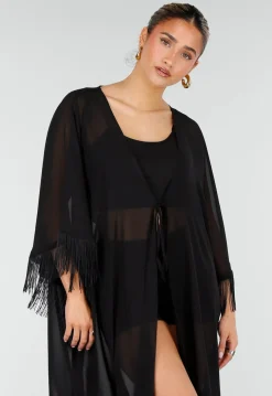 Zwarte Kimono met Halflange Mouwen en Franjes