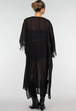Zwarte Kimono met Halflange Mouwen en Franjes