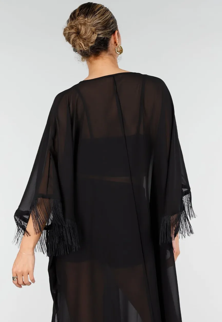 Zwarte Kimono met Halflange Mouwen en Franjes