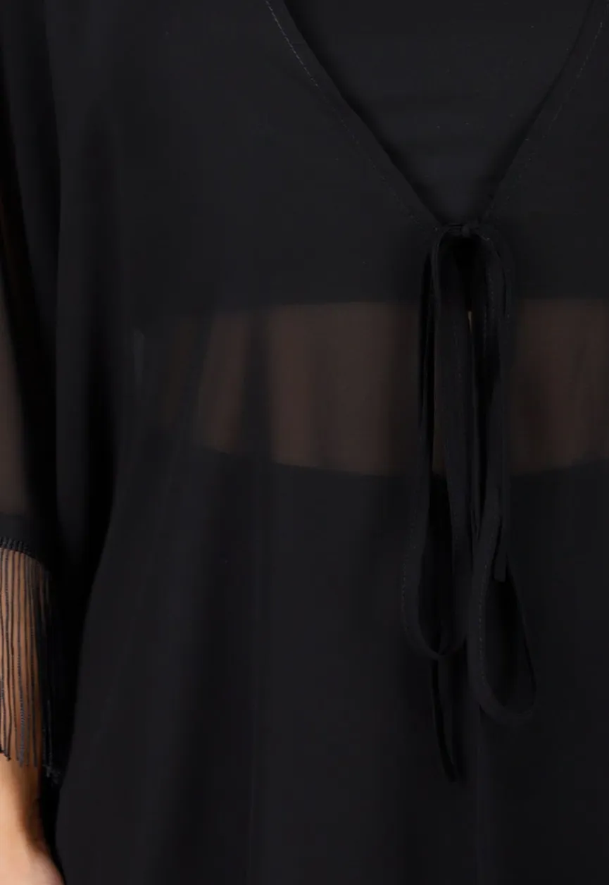Zwarte Kimono met Halflange Mouwen en Franjes