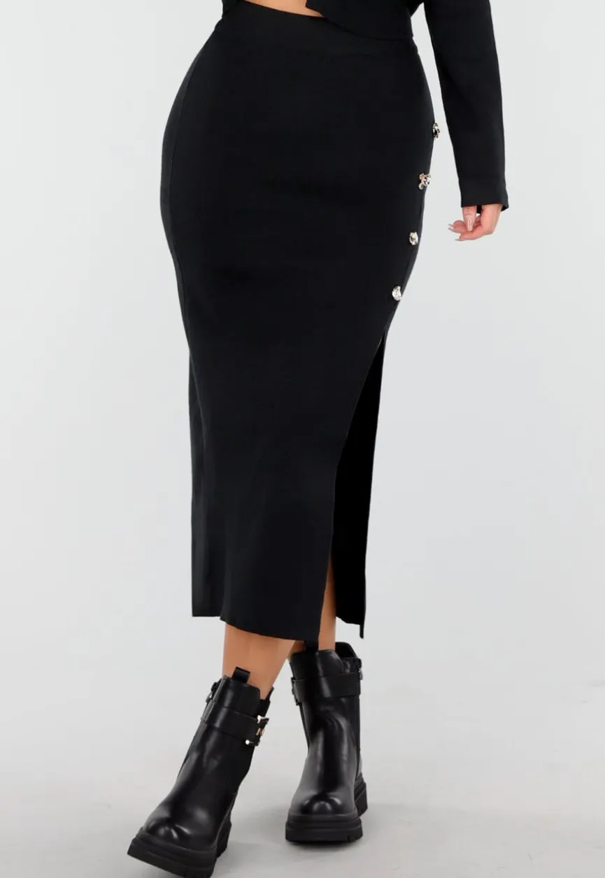 Zwarte Knitted Set met Midi Rok met Split
