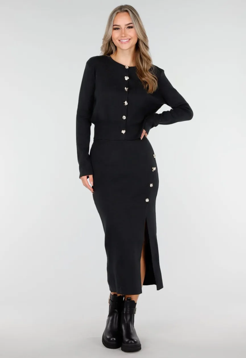 Zwarte Knitted Set met Midi Rok met Split