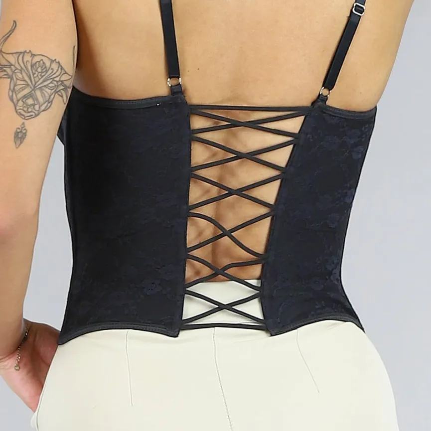 Zwarte Korset Top met Kanten Details