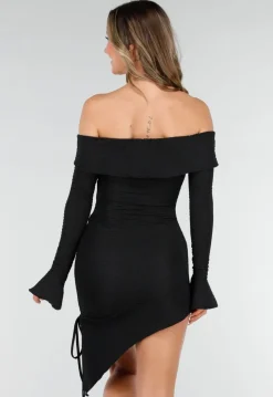 Zwarte Korte Off Shoulder Bodycon Jurk met Stretch