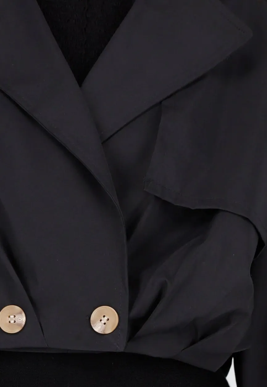 Zwarte Korte Trenchcoat met Knopen en Reverskraag