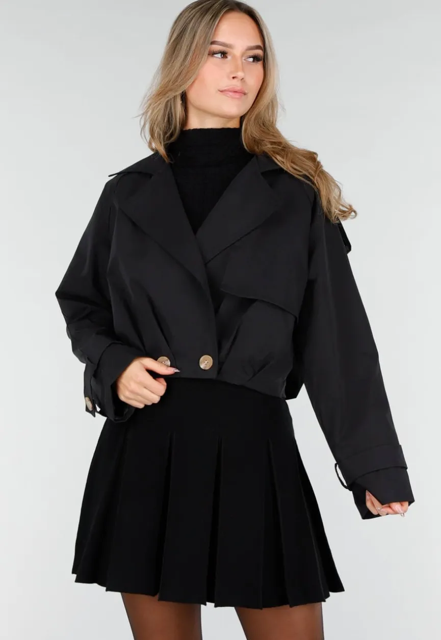Zwarte Korte Trenchcoat met Knopen en Reverskraag