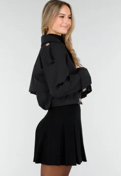 Zwarte Korte Trenchcoat met Knopen en Reverskraag