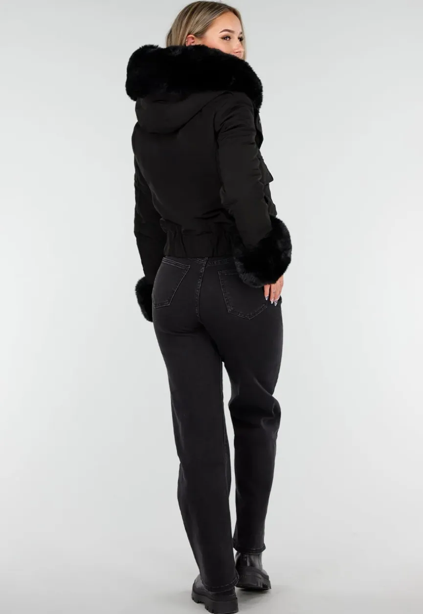 Zwarte Korte Winterjas met Afneembare Faux Fur Kraag en Manchetten